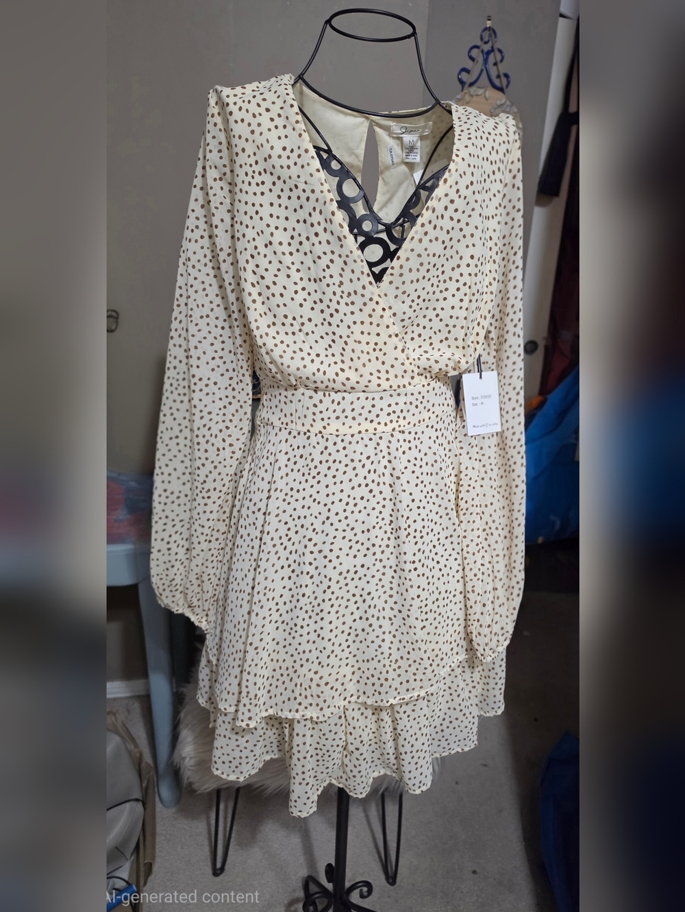 Cream & Brown Polka Dot Wrap Dress - Elegant Tiered Skirt